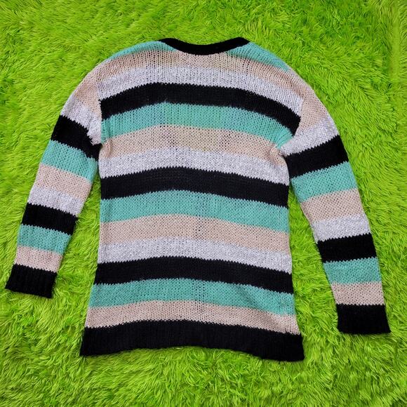 MINKPINK Blue Black Cream Chunky Knit Striped Button Up Sweater Cardigan, M/L - Picture 3 of 4